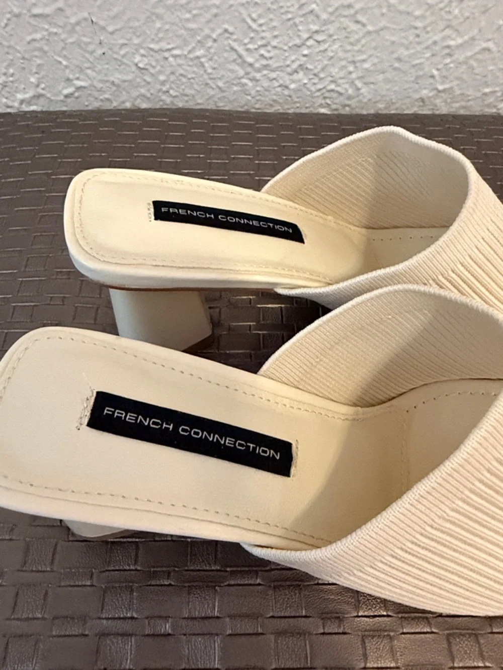 French Connection Beige Ribbed Open-Toe Block Heel Mules - Picture 2 of 4